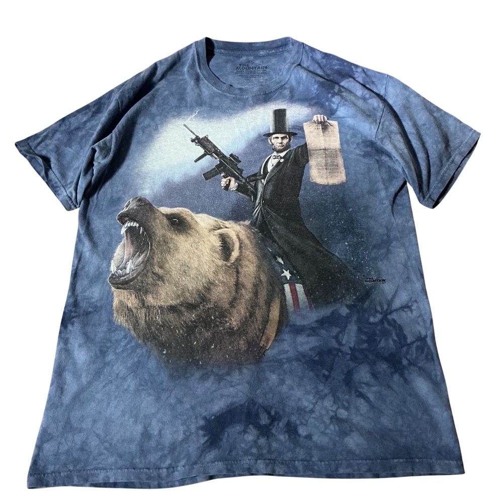 The Mountain Abraham Lincoln Riding Bear T-Shirt Mens Large Blue Tie Dye Graphic